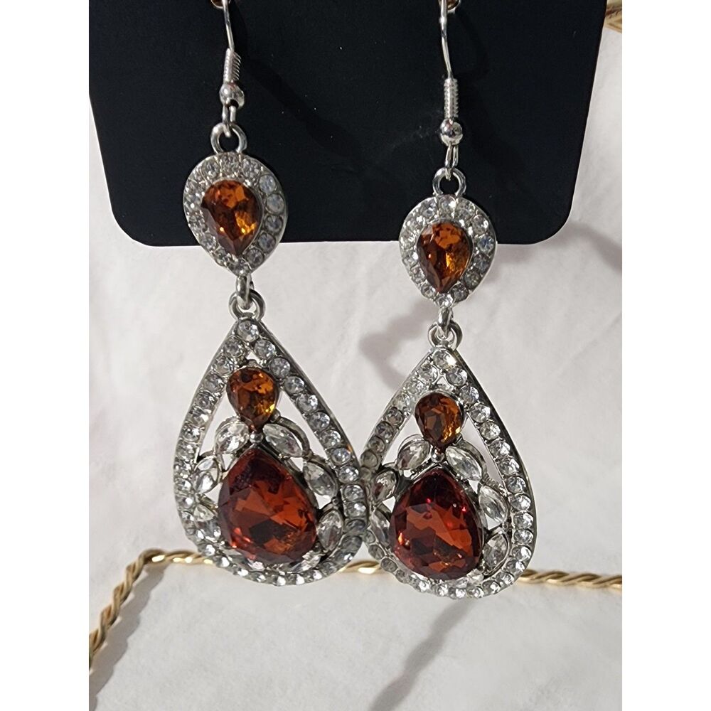 Paparazzi Posh Pageantry Brown Topaz Teardrop Silver Dangle Earrings Rhinestone